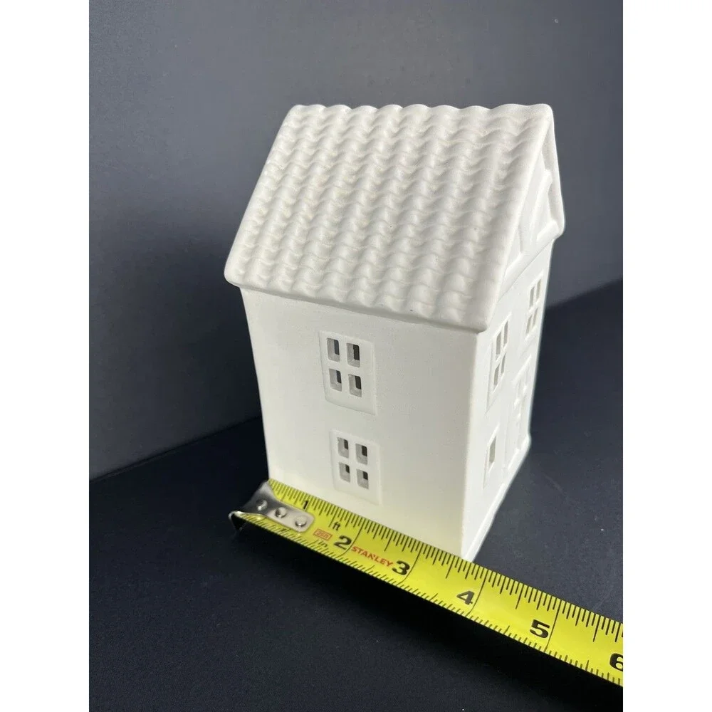 Crate & Barrel White Ceramic Two Story Village House Luminary Curved‎ Roof